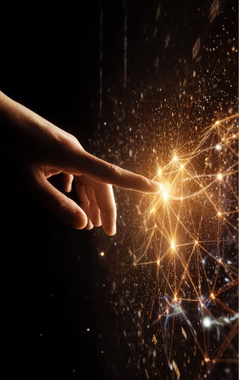 Hand reaching toward golden constellation