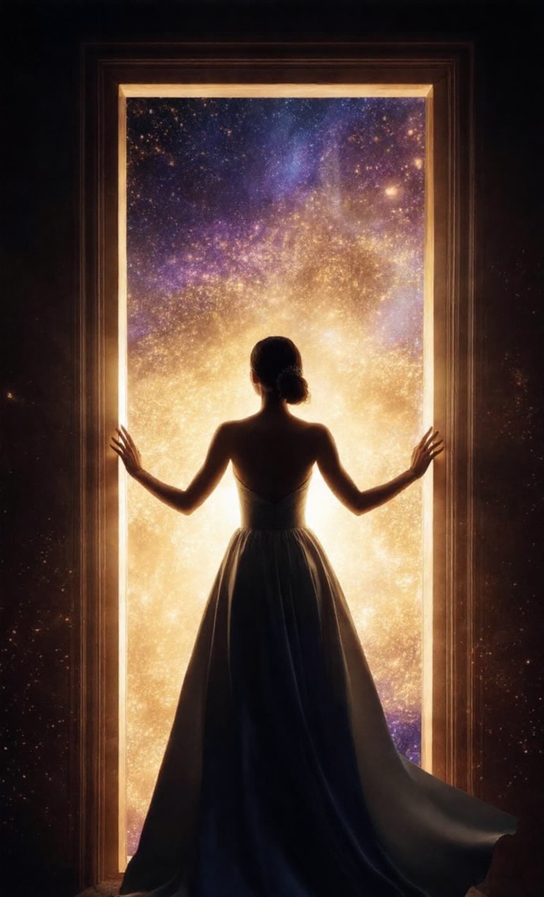 Woman stepping through cosmic doorway