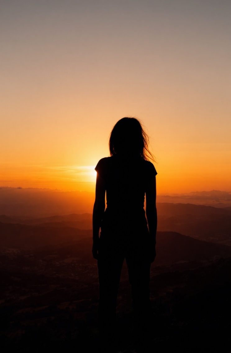 Woman silhouetted against golden horizon